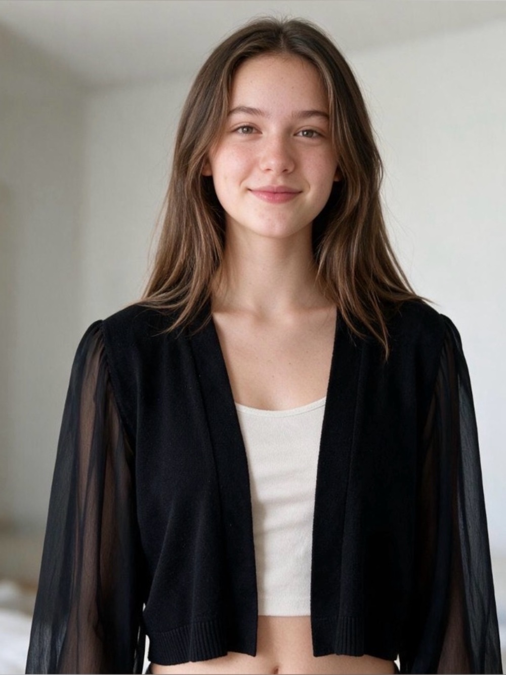 Calvin Klein Black Cropped Open Cardigan with Sheer Sleeves